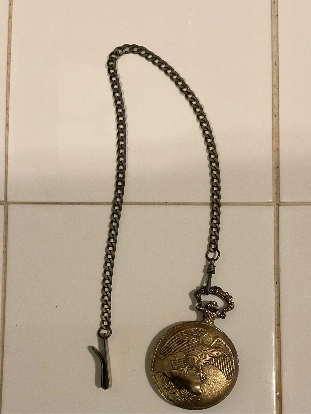 Antique-Style Pocket Watch Pendant with Chain in Aged Gold